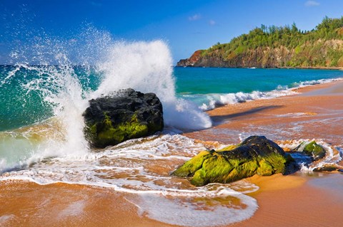 Framed Surf Crashing On Rocks At Secret Beach, Kauai, Hawaii Print