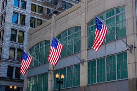 Framed Flags Hanging Outside An Office Building, Chicago, Illinois Print