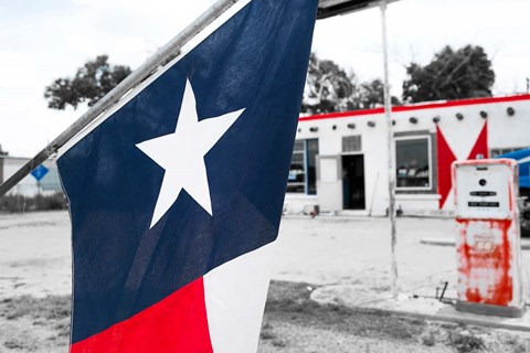 Framed Flag At An Antique Gas Station, Texas Print