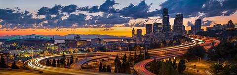 Framed Sunset Panorama Of Downtown Seattle Print