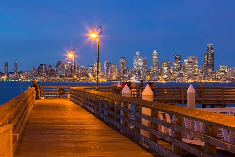 Framed Seacrest Park Fishing Pier, With Skyline View Of West Seattle Print