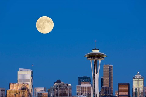 Framed Seattle Skyline View With Full Moon Print