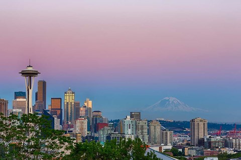 Framed Skyline View Of Seattle With Mount Rainier Print