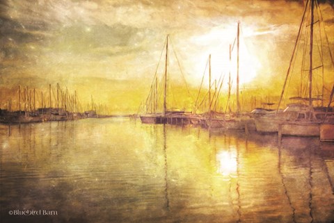 Framed Yellow Sunset Boats in Marina Print