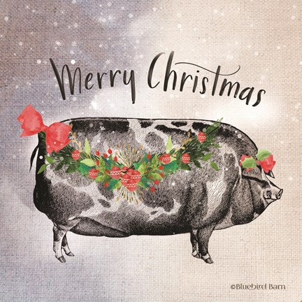 Framed Vintage Christmas Be Merry Pig Print