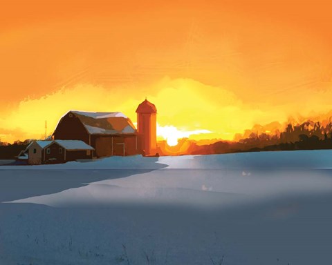 Framed Winter Barn at Sunset Print