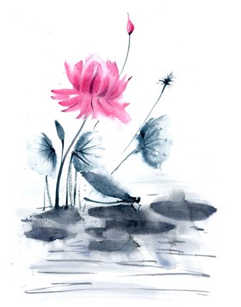 Framed Pink Flower and a Lily Pad Print