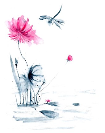 Framed Pink Flower and a Lily Pad II Print