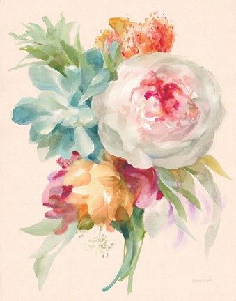 Framed Garden Bouquet I on Peach Linen Print
