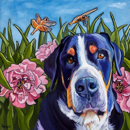 Framed Dog and Dragonflies Print