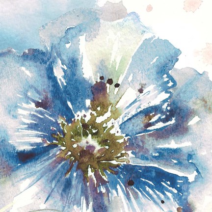 Framed Blue Watercolor Poppy Close Up I Print