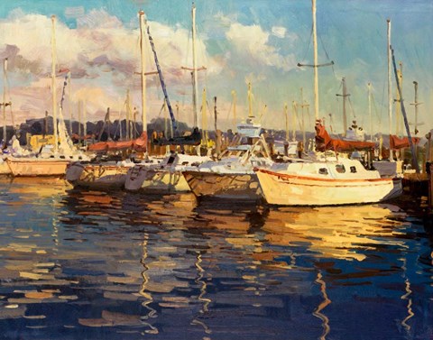 Framed Boats on Glassy Harbor Print