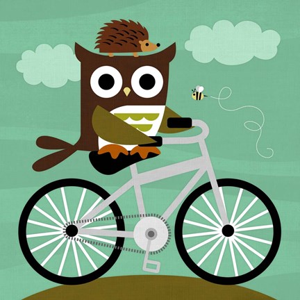 Framed Owl and Hedgehog on Bicycle Print