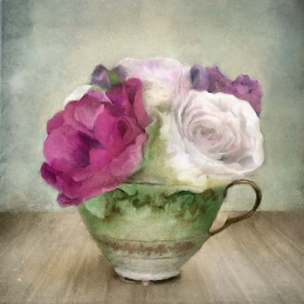 Framed Green Teacup and Roses Vintage Bouquet Print