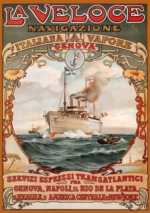 Framed Italian Steamship Travel Ad 1893 Print