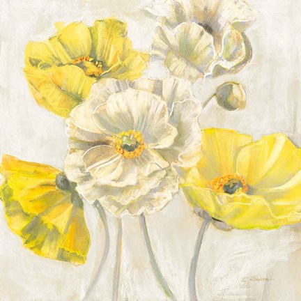 Framed Gold and White Contemporary Poppies Neutral Print