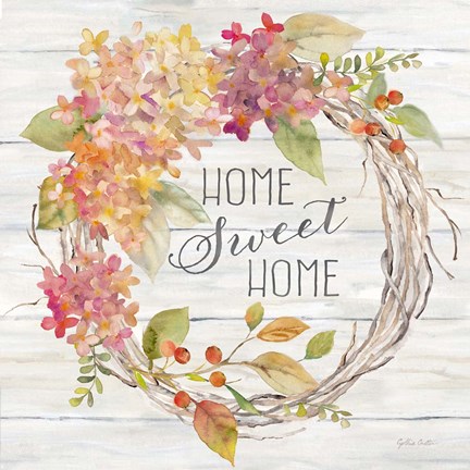Framed Farmhouse Hydrangea Wreath Spice I Home Print