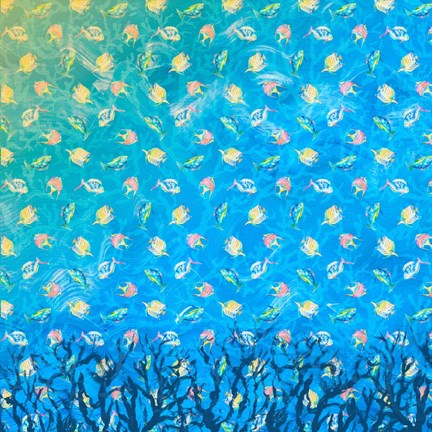 Framed Swim with the Fish Pattern (dark blue) Print
