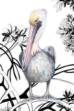 Framed Pelican on Branch I Print