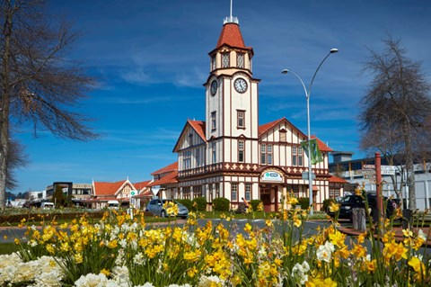 Framed I-SITE Visitor Centre (Old Post Office) And Flowers, Rotorua, North Island, New Zealand Print