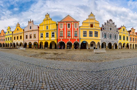 Framed Czech Republic, Telc Panoramic Of Colorful Houses On Main Square Print