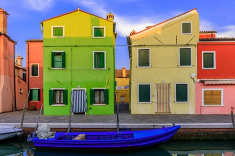 Framed Italy, Burano Colorful House Walls And Boat In Canal Print