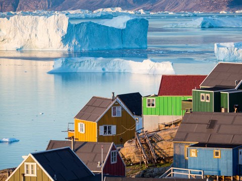 Framed View Of Fjord Full Of Icebergs Towards Nuussuaq Peninsula During Midnight Sun Print