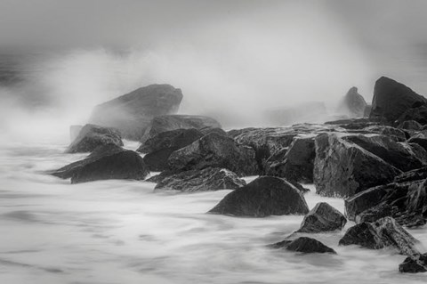 Framed New Jersey, Cape May, Black And White Of Beach Waves Hitting Rocks Print