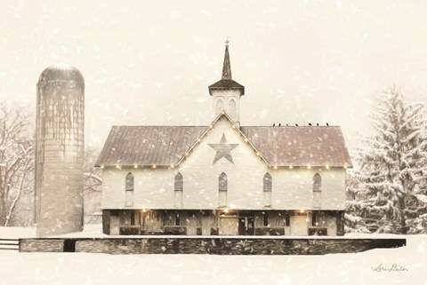 Framed Christmas Star Barn with Lights Print