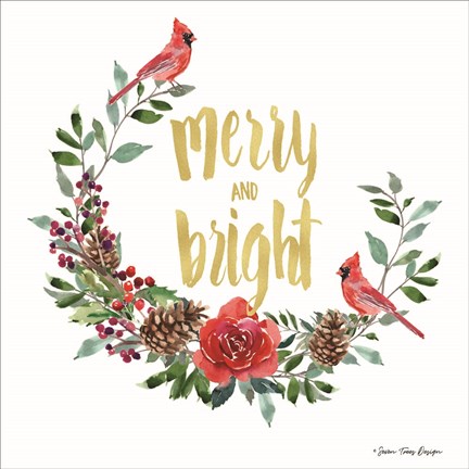 Framed Merry and Bright Wreath with Cardinals Print