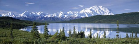 Framed Snow Covered Mountain Range At The Lakeside, Mt Mckinley, Wonder Lake, Alaska Print