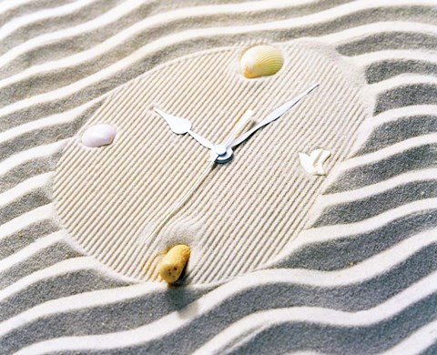 Framed Clock Made Of Sand With Shells And Striated Background Print