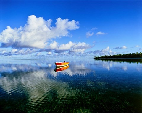Framed Reflection Of Clouds And Boat On Water, Tahiti Print