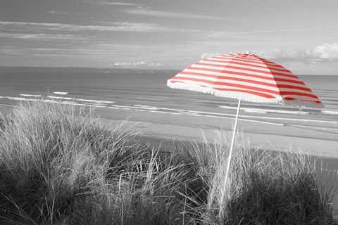 Framed Beach Umbrella On The Beach, Saunton, North Devon, England Print