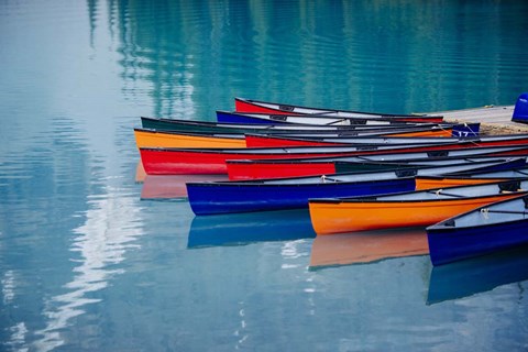 Framed Colorful Rowboats Moored In Calm Lake, Alberta, Canada Print