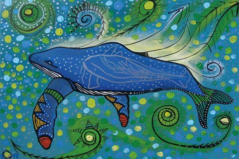 Framed Humpback Swimming with Yellow Bubbles Print