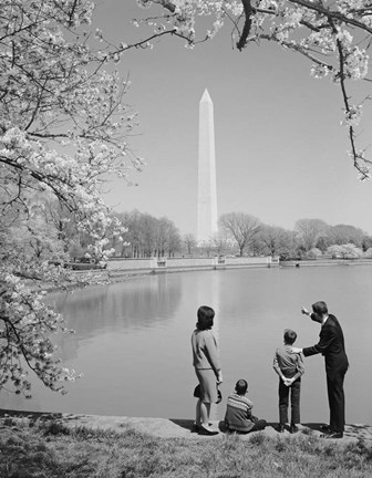Framed Family At Washington Monument Amid Cherry Blossoms Print