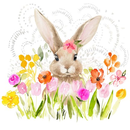 Framed April Flowers &amp; Bunny I Print