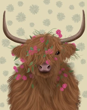 Framed Highland Cow 1, Pink Flowers Print