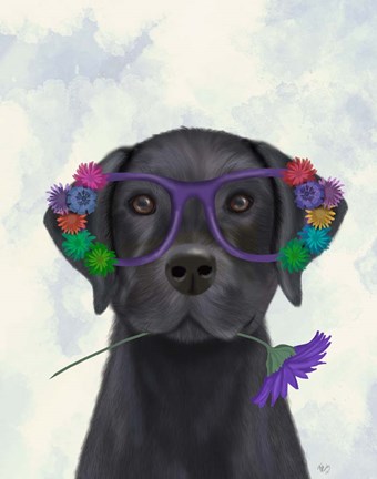 Framed Black Labrador and Flower Glasses Print