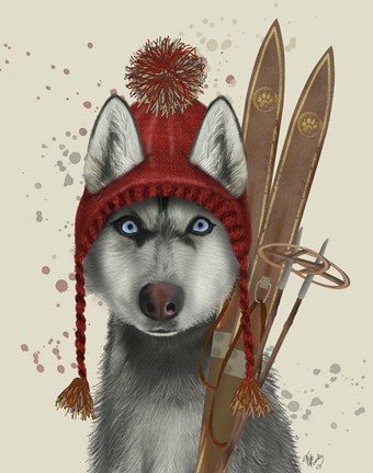 Framed Husky, Skiing Print