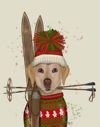 Framed Yellow Labrador, Skiing Print