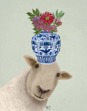Framed Sheep with Vase of Flowers Print