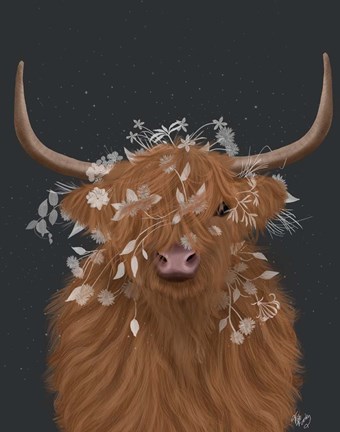 Framed Highland Cow 1, White Flowers Print