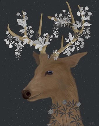 Framed Deer, White Flowers Print