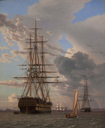 Framed Russian Ship of the Line Azov and a Frigate at Anchor in the Roads of Elsinore, 1828 Print
