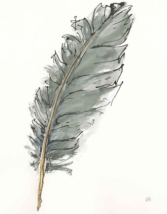 Framed Gold Feathers VII Green Print