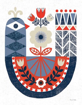 Framed Folk Lodge Bird Red Navy Print