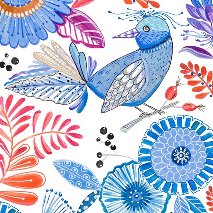 Framed Bird with Flowers II Print