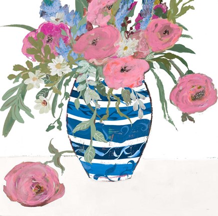 Framed Blue Vase of Pink Roses Print